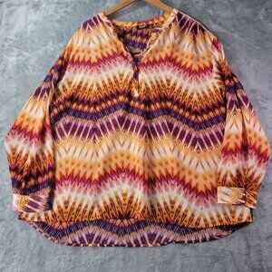 A.N.A A New Approach Women Blouse 2X Multicolor Geometric Print Long Sleeve Boho